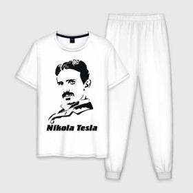 Мужская пижама хлопок с принтом Nikola Tesla в Санкт-Петербурге, 100% хлопок | брюки и футболка прямого кроя, без карманов, на брюках мягкая резинка на поясе и по низу штанин
 | Тематика изображения на принте: nikola tesla | знаменитая личность | знаменитость | никола тесла | портрет | тесла | ученый | физик