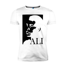 Мужская футболка премиум с принтом Мухамед Али в Санкт-Петербурге, 92% хлопок, 8% лайкра | приталенный силуэт, круглый вырез ворота, длина до линии бедра, короткий рукав | мухаммад | мухаммед