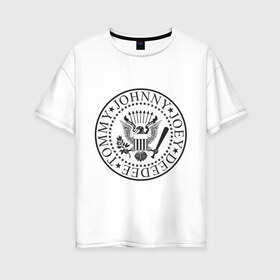Женская футболка хлопок Oversize с принтом Ramones герб в Санкт-Петербурге, 100% хлопок | свободный крой, круглый ворот, спущенный рукав, длина до линии бедер
 | heavy metal | metal | muse | rock | trash metal | альтернатива | квартет | лица | метал | рок | рок группа | рок группы | трэш метал | хеви метал