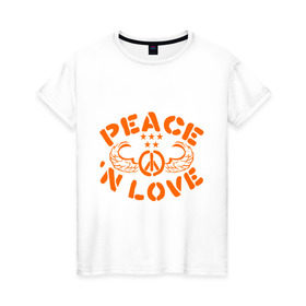 Женская футболка хлопок с принтом Peace n Love в Санкт-Петербурге, 100% хлопок | прямой крой, круглый вырез горловины, длина до линии бедер, слегка спущенное плечо | хиппи