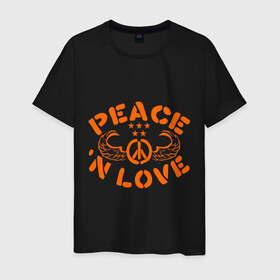 Мужская футболка хлопок с принтом Peace n Love в Санкт-Петербурге, 100% хлопок | прямой крой, круглый вырез горловины, длина до линии бедер, слегка спущенное плечо. | хиппи
