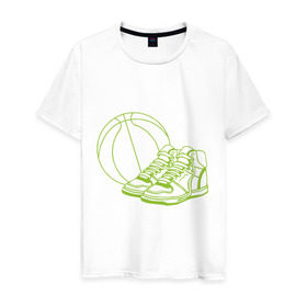 Мужская футболка хлопок с принтом Баскетбол (мяч и кеды) в Санкт-Петербурге, 100% хлопок | прямой крой, круглый вырез горловины, длина до линии бедер, слегка спущенное плечо. | баскетбольный мяч | кеды