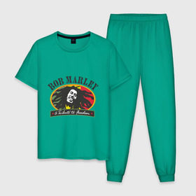Мужская пижама хлопок с принтом Bob Marley (7) в Санкт-Петербурге, 100% хлопок | брюки и футболка прямого кроя, без карманов, на брюках мягкая резинка на поясе и по низу штанин
 | bob | bob marley | reggae | боб марли | музыка | раста | растаманские | регги