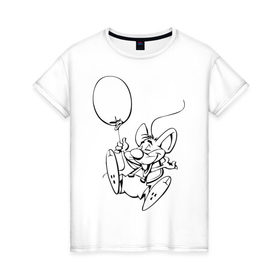 Женская футболка хлопок с принтом Мышка с шариком в Санкт-Петербурге, 100% хлопок | прямой крой, круглый вырез горловины, длина до линии бедер, слегка спущенное плечо | воздушный | мышенок | мышка | мышонок | мышь | шар | шарик