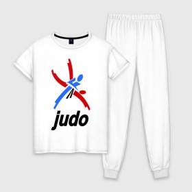 Женская пижама хлопок с принтом Дзюдо - Judo эмблема в Санкт-Петербурге, 100% хлопок | брюки и футболка прямого кроя, без карманов, на брюках мягкая резинка на поясе и по низу штанин | дзюдо