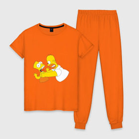 Женская пижама хлопок с принтом Гомер душит Барта в Санкт-Петербурге, 100% хлопок | брюки и футболка прямого кроя, без карманов, на брюках мягкая резинка на поясе и по низу штанин | Тематика изображения на принте: гомер