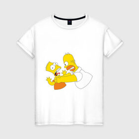 Женская футболка хлопок с принтом Гомер душит Барта в Санкт-Петербурге, 100% хлопок | прямой крой, круглый вырез горловины, длина до линии бедер, слегка спущенное плечо | Тематика изображения на принте: гомер
