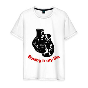 Мужская футболка хлопок с принтом BOXING is my life в Санкт-Петербурге, 100% хлопок | прямой крой, круглый вырез горловины, длина до линии бедер, слегка спущенное плечо. | емельяненко