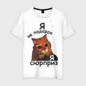 Мужская футболка хлопок с принтом Я не подарок, я сюрприз в Санкт-Петербурге, 100% хлопок | прямой крой, круглый вырез горловины, длина до линии бедер, слегка спущенное плечо. | кот | кот из шрека | котик | подарок | сюрприз | шрек | я не подарокя