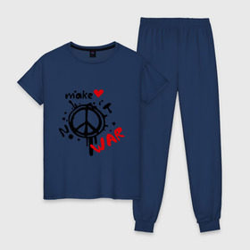 Женская пижама хлопок с принтом Peace Make love not war в Санкт-Петербурге, 100% хлопок | брюки и футболка прямого кроя, без карманов, на брюках мягкая резинка на поясе и по низу штанин | хиппи