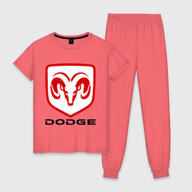 Женская пижама хлопок с принтом Dodge в Санкт-Петербурге, 100% хлопок | брюки и футболка прямого кроя, без карманов, на брюках мягкая резинка на поясе и по низу штанин | dodge | авто2012 | додж | логотип dodge | логотип додж | символика dodge | символики додж