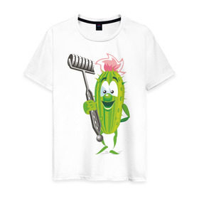 Мужская футболка хлопок с принтом Огурец в Санкт-Петербурге, 100% хлопок | прямой крой, круглый вырез горловины, длина до линии бедер, слегка спущенное плечо. | дача | дачник | овощи | огурец | огурчик | садовод