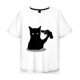 Мужская футболка хлопок Oversize с принтом Black Cat Shooter в Санкт-Петербурге, 100% хлопок | свободный крой, круглый ворот, “спинка” длиннее передней части | кот | кошка | кошка с пистолетом | кошки | пистолет | револьвер | черная кошка