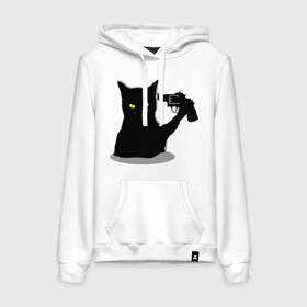 Женская толстовка хлопок с принтом Black Cat Shooter в Санкт-Петербурге, френч-терри, мягкий теплый начес внутри (100% хлопок) | карман-кенгуру, эластичные манжеты и нижняя кромка, капюшон с подкладом и шнурком | кот | кошка | кошка с пистолетом | кошки | пистолет | револьвер | черная кошка