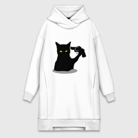 Платье-худи хлопок с принтом Black Cat Shooter в Санкт-Петербурге,  |  | кот | кошка | кошка с пистолетом | кошки | пистолет | револьвер | черная кошка