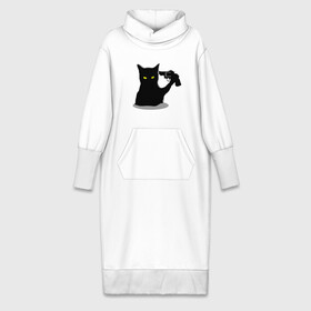Платье удлиненное хлопок с принтом Black Cat Shooter в Санкт-Петербурге,  |  | кот | кошка | кошка с пистолетом | кошки | пистолет | револьвер | черная кошка