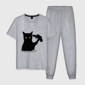 Мужская пижама хлопок с принтом Black Cat Shooter в Санкт-Петербурге, 100% хлопок | брюки и футболка прямого кроя, без карманов, на брюках мягкая резинка на поясе и по низу штанин
 | Тематика изображения на принте: кот | кошка | кошка с пистолетом | кошки | пистолет | револьвер | черная кошка