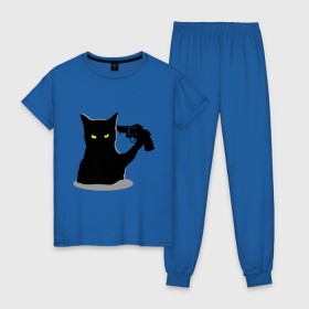 Женская пижама хлопок с принтом Black Cat Shooter в Санкт-Петербурге, 100% хлопок | брюки и футболка прямого кроя, без карманов, на брюках мягкая резинка на поясе и по низу штанин | кот | кошка | кошка с пистолетом | кошки | пистолет | револьвер | черная кошка