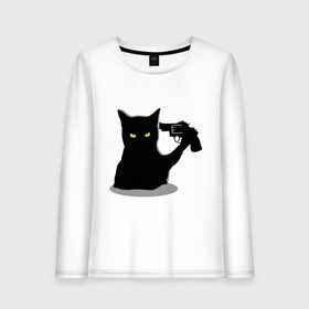 Женский лонгслив хлопок с принтом Black Cat Shooter в Санкт-Петербурге, 100% хлопок |  | кот | кошка | кошка с пистолетом | кошки | пистолет | револьвер | черная кошка