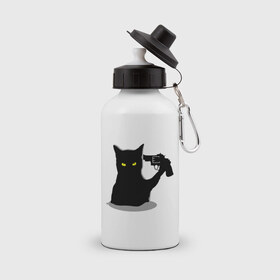 Бутылка спортивная с принтом Black Cat Shooter в Санкт-Петербурге, металл | емкость — 500 мл, в комплекте две пластиковые крышки и карабин для крепления | кот | кошка | кошка с пистолетом | кошки | пистолет | револьвер | черная кошка