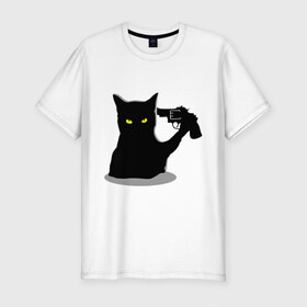 Мужская футболка премиум с принтом Black Cat Shooter в Санкт-Петербурге, 92% хлопок, 8% лайкра | приталенный силуэт, круглый вырез ворота, длина до линии бедра, короткий рукав | кот | кошка | кошка с пистолетом | кошки | пистолет | револьвер | черная кошка