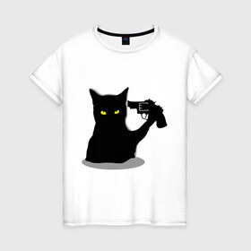 Женская футболка хлопок с принтом Black Cat Shooter в Санкт-Петербурге, 100% хлопок | прямой крой, круглый вырез горловины, длина до линии бедер, слегка спущенное плечо | кот | кошка | кошка с пистолетом | кошки | пистолет | револьвер | черная кошка