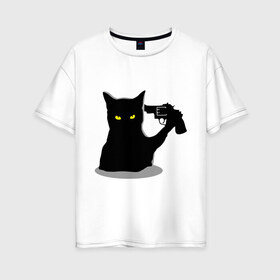 Женская футболка хлопок Oversize с принтом Black Cat Shooter в Санкт-Петербурге, 100% хлопок | свободный крой, круглый ворот, спущенный рукав, длина до линии бедер
 | кот | кошка | кошка с пистолетом | кошки | пистолет | револьвер | черная кошка