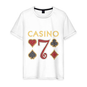 Мужская футболка хлопок с принтом Casino в Санкт-Петербурге, 100% хлопок | прямой крой, круглый вырез горловины, длина до линии бедер, слегка спущенное плечо. | 7 | casino | poker | азарт | игра | казино | карточная колода | карточные игры | карты | колода | масти | масть | покер | семь | ставки