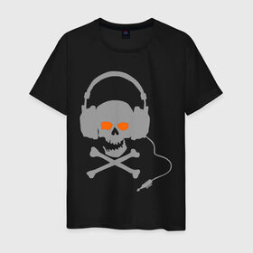 Мужская футболка хлопок с принтом Электро-череп в наушниках в Санкт-Петербурге, 100% хлопок | прямой крой, круглый вырез горловины, длина до линии бедер, слегка спущенное плечо. | наушники | череп | череп  в наушниках | электро | электро череп | электромузыка | электронная музыка