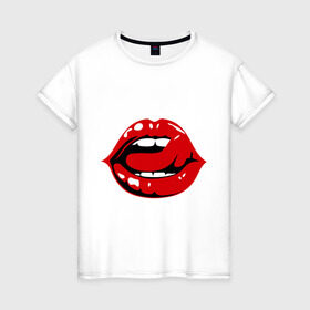Женская футболка хлопок с принтом Губы и язык в Санкт-Петербурге, 100% хлопок | прямой крой, круглый вырез горловины, длина до линии бедер, слегка спущенное плечо | 8 марта | губы | губы и язык | девушкам | женские губы | красная помада | красные губы | язык