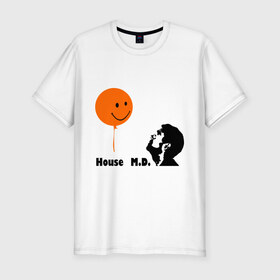 Мужская футболка премиум с принтом Доктор Хаус и воздушный шарик в Санкт-Петербурге, 92% хлопок, 8% лайкра | приталенный силуэт, круглый вырез ворота, длина до линии бедра, короткий рукав | house | house md | все врут | доктор хауз | доктор хаус | хаус | хью лори