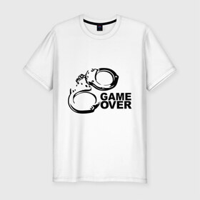 Мужская футболка премиум с принтом Game Over наручники в Санкт-Петербурге, 92% хлопок, 8% лайкра | приталенный силуэт, круглый вырез ворота, длина до линии бедра, короткий рукав | game over | арест | арестовать | заключенный | игра окончена | милиция | наручники