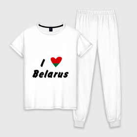 Женская пижама хлопок с принтом I love Belarus в Санкт-Петербурге, 100% хлопок | брюки и футболка прямого кроя, без карманов, на брюках мягкая резинка на поясе и по низу штанин | беларусы | беларусь | белоруссия | лукашенко | люблю | минск | флаг