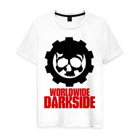 Мужская футболка хлопок с принтом Worldwide Darkside в Санкт-Петербурге, 100% хлопок | прямой крой, круглый вырез горловины, длина до линии бедер, слегка спущенное плечо. | Тематика изображения на принте: сторона | темная | череп | черепушка | шестеренка | электро | электронная