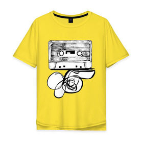 Мужская футболка хлопок Oversize с принтом Размотанная кассета в Санкт-Петербурге, 100% хлопок | свободный крой, круглый ворот, “спинка” длиннее передней части | аудиокассета | дека | касеста | компакт кассета | музыка | размотанная кассета
