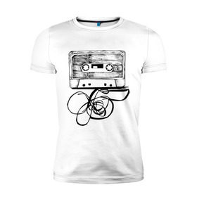 Мужская футболка премиум с принтом Размотанная кассета в Санкт-Петербурге, 92% хлопок, 8% лайкра | приталенный силуэт, круглый вырез ворота, длина до линии бедра, короткий рукав | аудиокассета | дека | касеста | компакт кассета | музыка | размотанная кассета