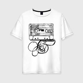 Женская футболка хлопок Oversize с принтом Размотанная кассета в Санкт-Петербурге, 100% хлопок | свободный крой, круглый ворот, спущенный рукав, длина до линии бедер
 | аудиокассета | дека | касеста | компакт кассета | музыка | размотанная кассета