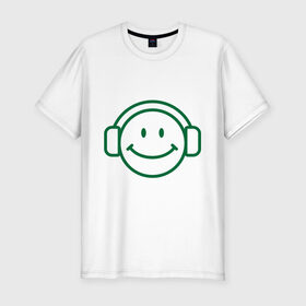 Мужская футболка премиум с принтом Смайл в наушниках в Санкт-Петербурге, 92% хлопок, 8% лайкра | приталенный силуэт, круглый вырез ворота, длина до линии бедра, короткий рукав | Тематика изображения на принте: smile | наушники | смайл | смайлик | улыбка