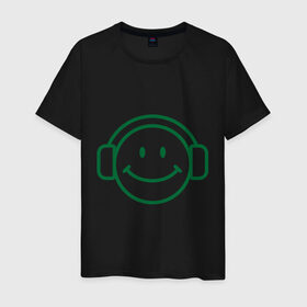 Мужская футболка хлопок с принтом Смайл в наушниках в Санкт-Петербурге, 100% хлопок | прямой крой, круглый вырез горловины, длина до линии бедер, слегка спущенное плечо. | smile | наушники | смайл | смайлик | улыбка