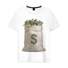 Мужская футболка хлопок с принтом Мешок денег в Санкт-Петербурге, 100% хлопок | прямой крой, круглый вырез горловины, длина до линии бедер, слегка спущенное плечо. | Тематика изображения на принте: dollars | бабло | баксы | валюта | деньги | доллары | мешок денег | много денег | работа | работать