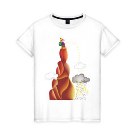 Женская футболка хлопок с принтом Турист писает в Санкт-Петербурге, 100% хлопок | прямой крой, круглый вырез горловины, длина до линии бедер, слегка спущенное плечо | вершина | гора | дождь | писать | прикольные | турист. рисунок