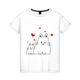 Женская футболка хлопок с принтом Кошачья любовь в Санкт-Петербурге, 100% хлопок | прямой крой, круглый вырез горловины, длина до линии бедер, слегка спущенное плечо | коты | кошачья любовь | кошки | любовь | сердце | чувства