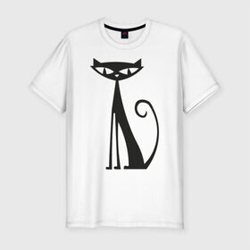 Мужская футболка премиум с принтом Элегантная кошечка в Санкт-Петербурге, 92% хлопок, 8% лайкра | приталенный силуэт, круглый вырез ворота, длина до линии бедра, короткий рукав | Тематика изображения на принте: cat | киса | кошечка | кошка | кошки | элегантная кошка