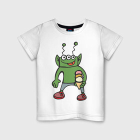 Детская футболка хлопок с принтом Инопланетянин с мороженым в Санкт-Петербурге, 100% хлопок | круглый вырез горловины, полуприлегающий силуэт, длина до линии бедер | гуманоид | инопланетянин | космос | летающая тарелка | мороженное | нло | пришелец | пришельцы