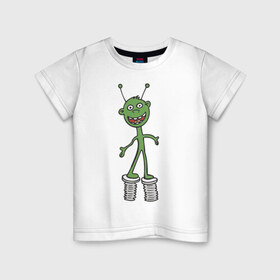 Детская футболка хлопок с принтом Инопланетянин на пружине в Санкт-Петербурге, 100% хлопок | круглый вырез горловины, полуприлегающий силуэт, длина до линии бедер | гуманоид | инопланетянин | космос | летающая тарелка | нло | пришелец | пришельцы | смешной пришелец | ходули