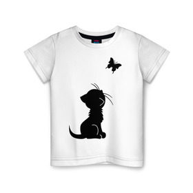 Детская футболка хлопок с принтом Котенок и бабочка в Санкт-Петербурге, 100% хлопок | круглый вырез горловины, полуприлегающий силуэт, длина до линии бедер | бабочка