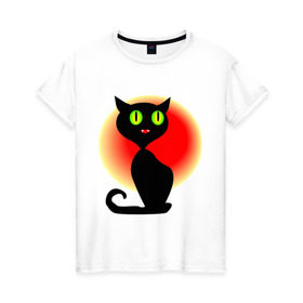 Женская футболка хлопок с принтом Кошка на рассвете в Санкт-Петербурге, 100% хлопок | прямой крой, круглый вырез горловины, длина до линии бедер, слегка спущенное плечо | Тематика изображения на принте: cat | киса | кошка | кошки | рассвет | солнце