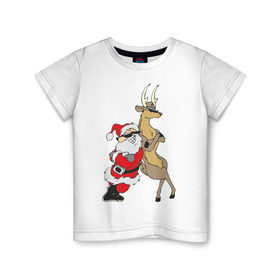 Детская футболка хлопок с принтом Крутой Мороз и Олень в Санкт-Петербурге, 100% хлопок | круглый вырез горловины, полуприлегающий силуэт, длина до линии бедер | new year | дед мороз | мороз | нг | олень | санта | санта клаус