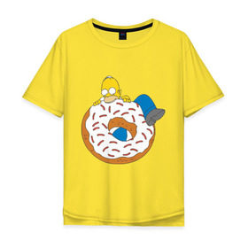Мужская футболка хлопок Oversize с принтом Гомер ест пончик в Санкт-Петербурге, 100% хлопок | свободный крой, круглый ворот, “спинка” длиннее передней части | гомер