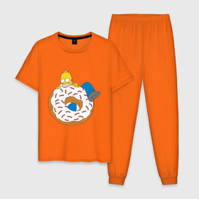 Мужская пижама хлопок с принтом Гомер ест пончик в Санкт-Петербурге, 100% хлопок | брюки и футболка прямого кроя, без карманов, на брюках мягкая резинка на поясе и по низу штанин
 | гомер